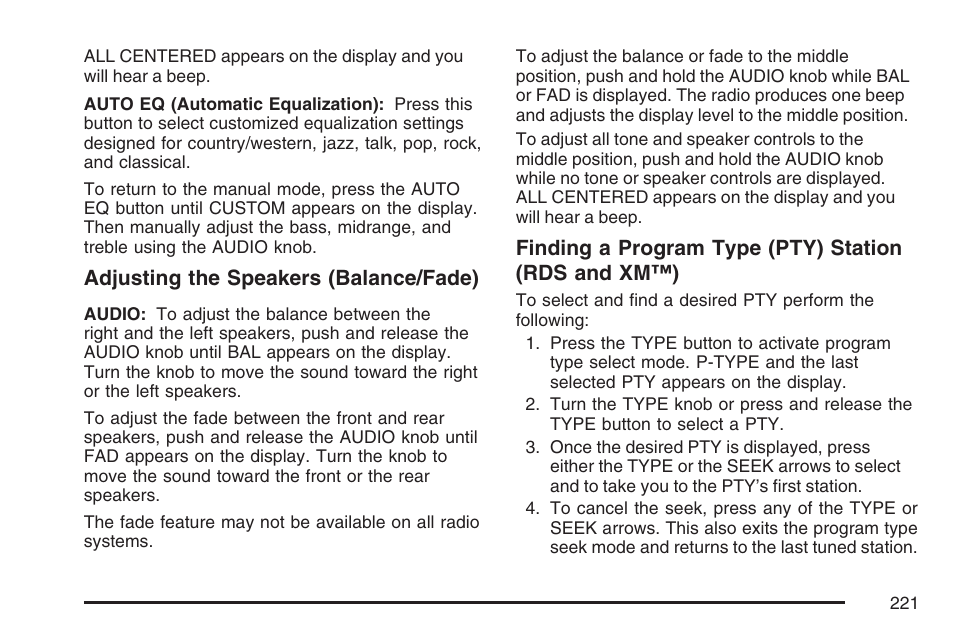 Adjusting the speakers (balance/fade), Finding a program type (pty) station (rds and xm™) | GMC 2007 Canyon User Manual | Page 221 / 492