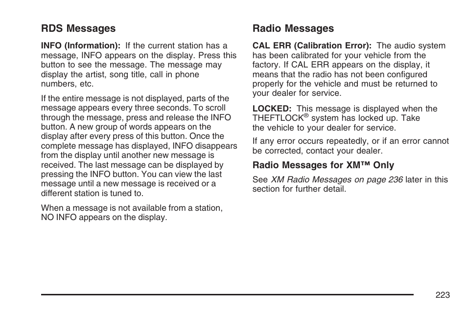 Rds messages, Radio messages | GMC 2007 Canyon User Manual | Page 223 / 492