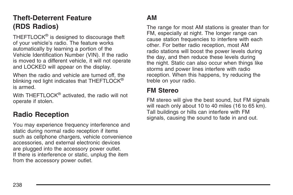 Theft-deterrent feature (rds radios), Radio reception, Fm stereo | GMC 2007 Canyon User Manual | Page 238 / 492