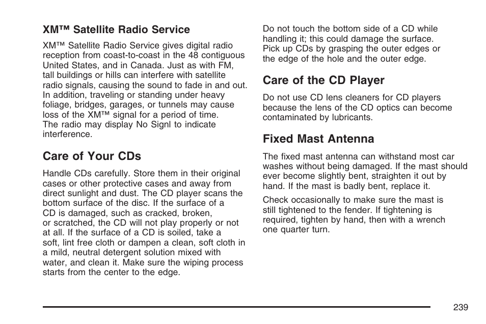 Care of your cds, Care of the cd player, Fixed mast antenna | GMC 2007 Canyon User Manual | Page 239 / 492