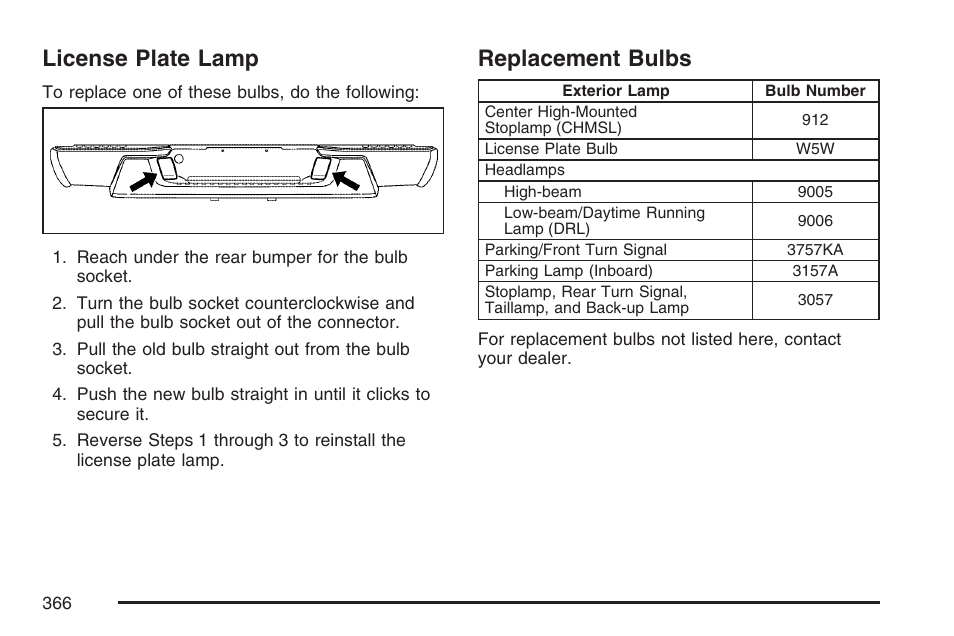 License plate lamp, Replacement bulbs, License plate lamp replacement bulbs | GMC 2007 Canyon User Manual | Page 366 / 492