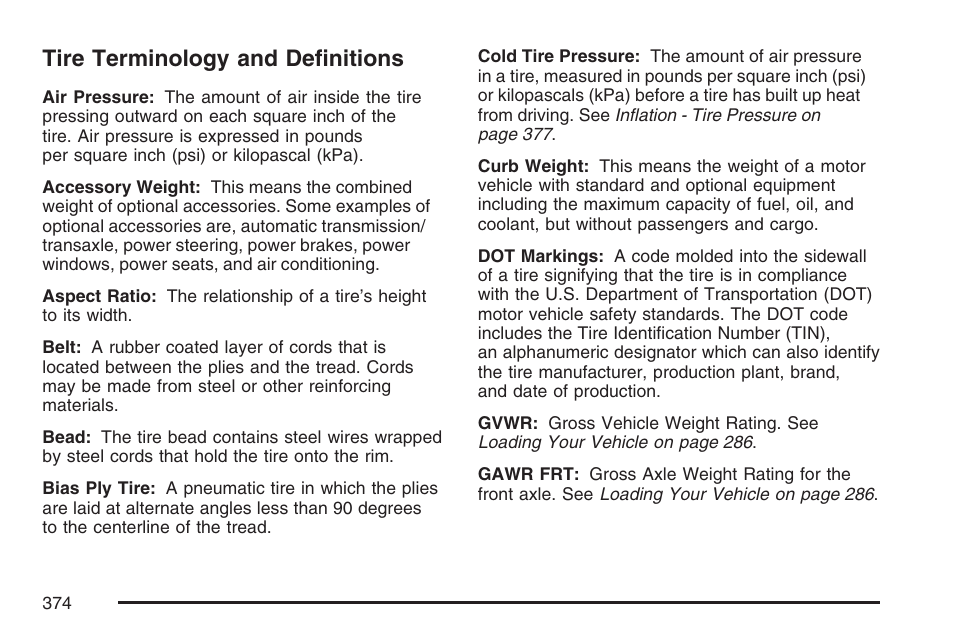 Tire terminology and definitions | GMC 2007 Canyon User Manual | Page 374 / 492