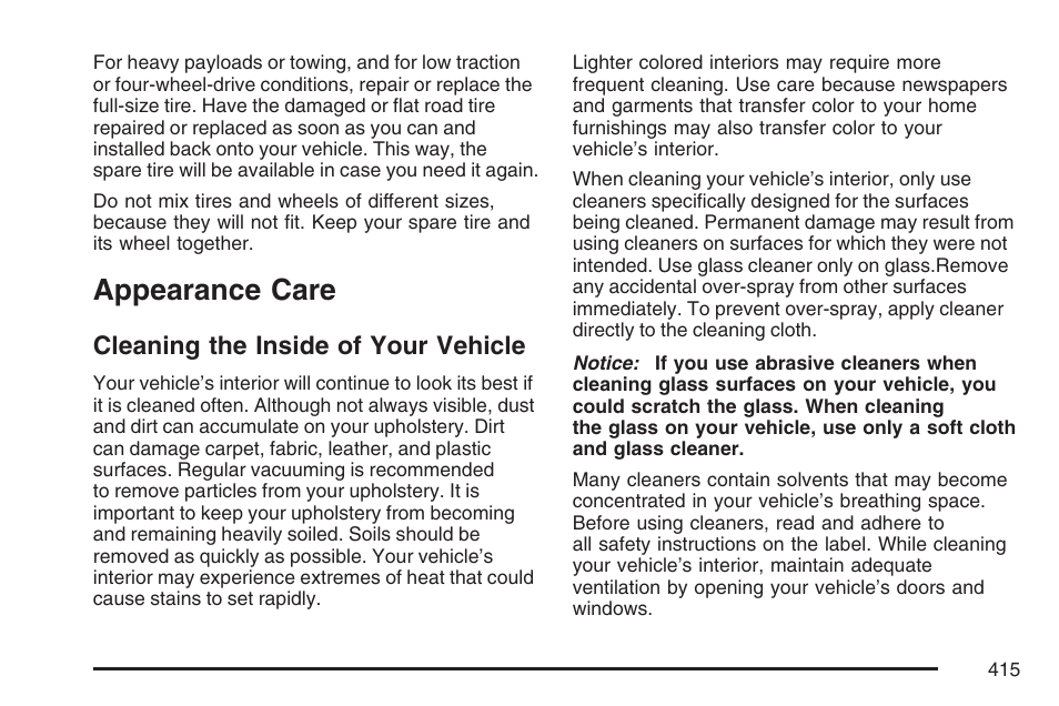 Appearance care, Cleaning the inside of your vehicle | GMC 2007 Canyon User Manual | Page 415 / 492