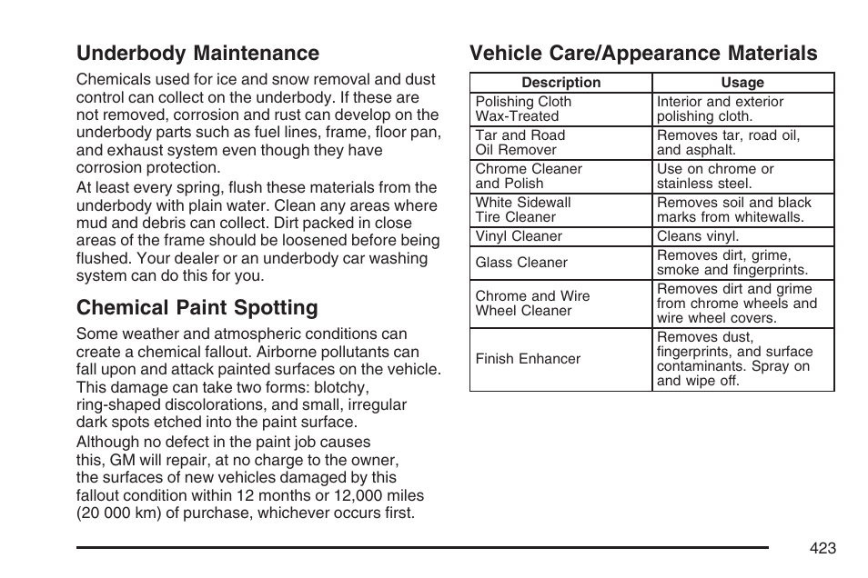 Underbody maintenance, Chemical paint spotting, Vehicle care/appearance materials | GMC 2007 Canyon User Manual | Page 423 / 492