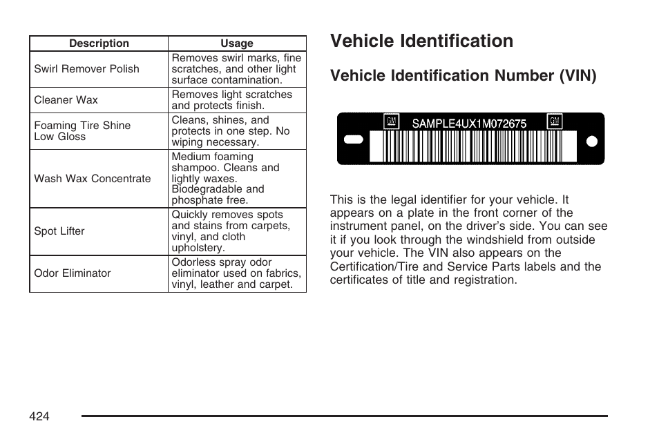 Vehicle identification, Vehicle identification number (vin) | GMC 2007 Canyon User Manual | Page 424 / 492