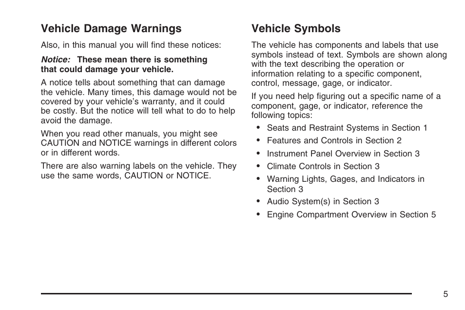 Vehicle damage warnings, Vehicle symbols | GMC 2007 Canyon User Manual | Page 5 / 492