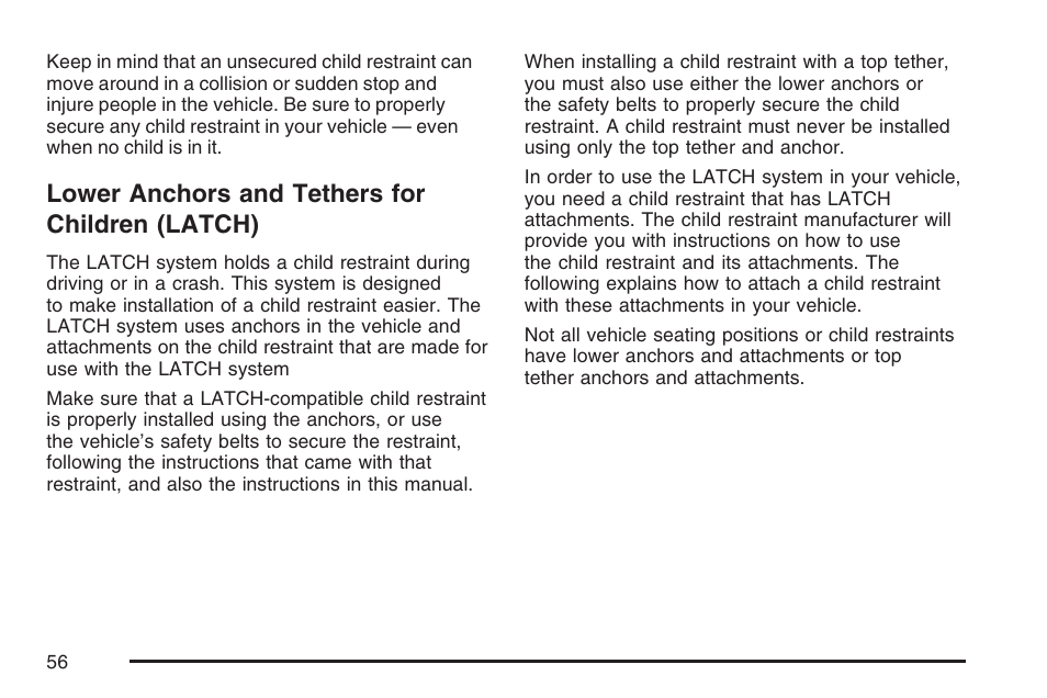 Lower anchors and tethers for children (latch), Lower anchors and tethers for, Children (latch) | GMC 2007 Canyon User Manual | Page 56 / 492