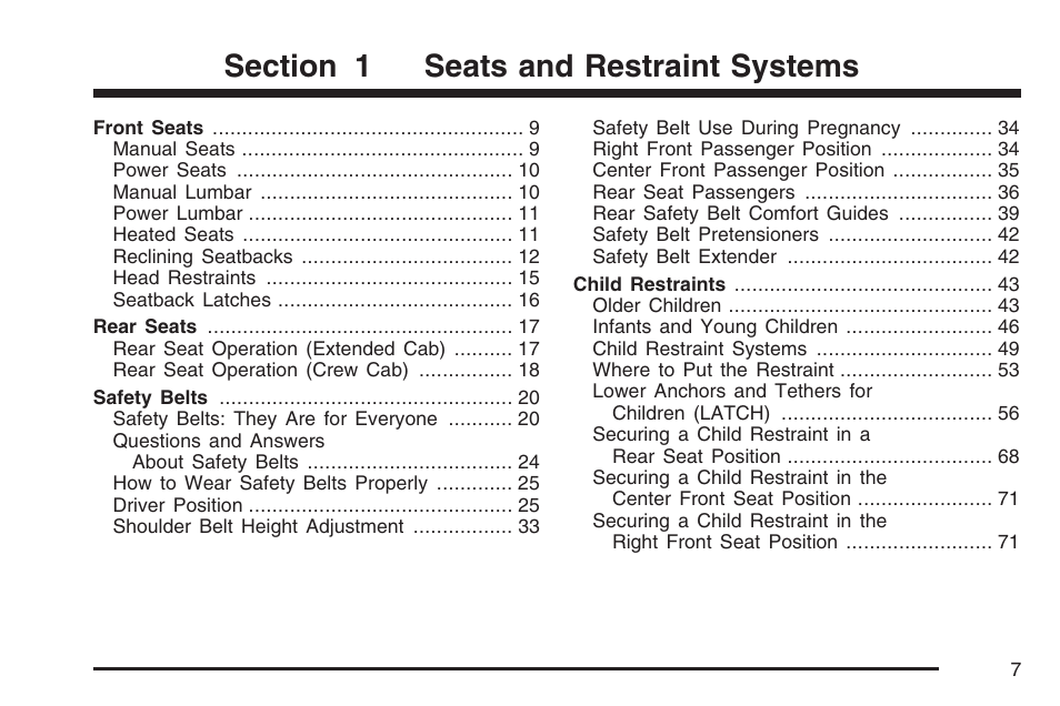 Seats and restraint systems | GMC 2007 Canyon User Manual | Page 7 / 492