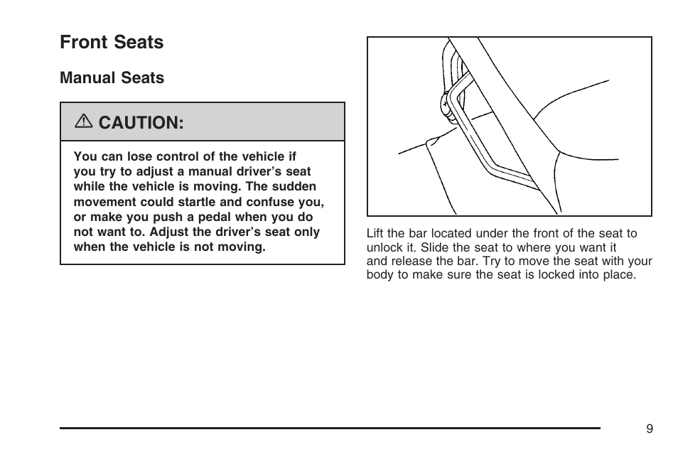 Front seats, Manual seats | GMC 2007 Canyon User Manual | Page 9 / 492