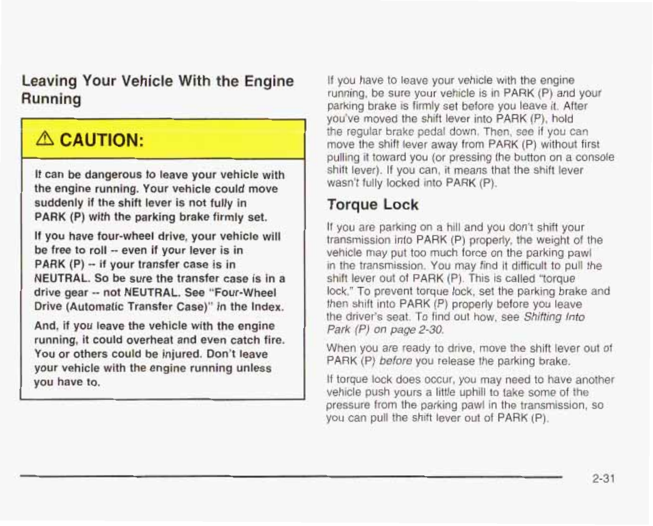 Leaving your vehicle with the engine running, Torque lock | GMC 2003 Envoy User Manual | Page 100 / 458