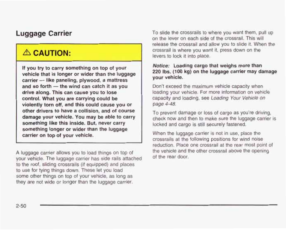 Luggage carrier, Luggage carrier -50, A caution | GMC 2003 Envoy User Manual | Page 119 / 458