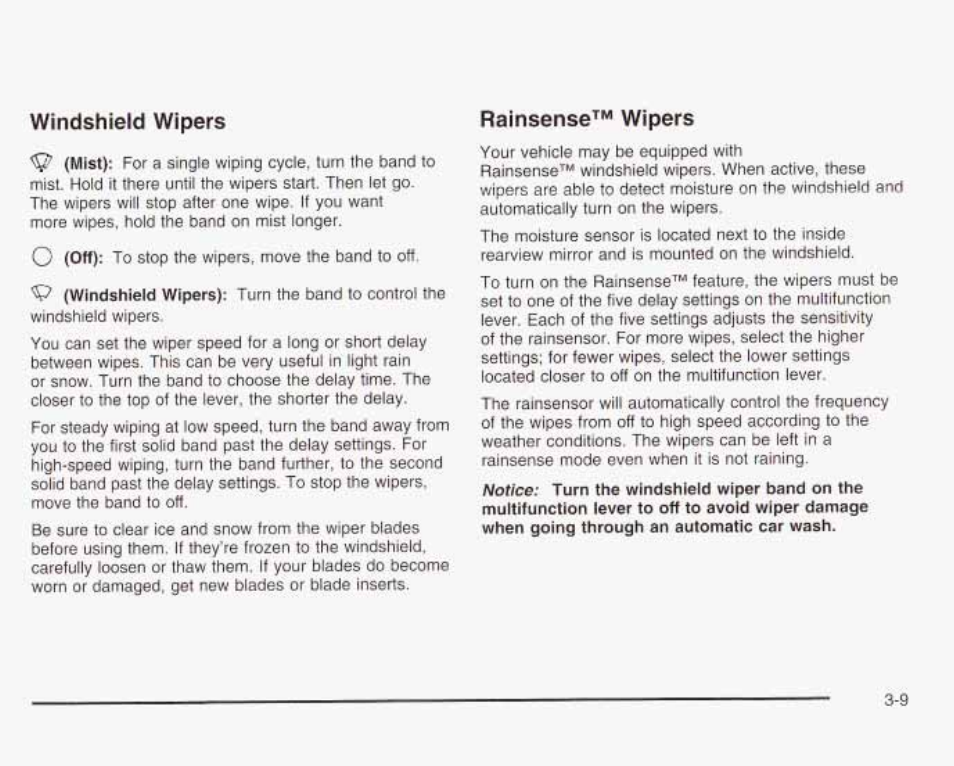 Windshietd wipers, Ralnaense™ wipers | GMC 2003 Envoy User Manual | Page 134 / 458