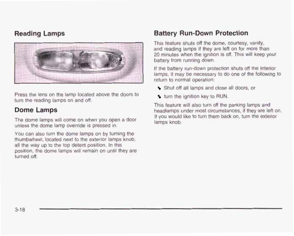 Reading lamps, Dome lamps, Battery run-down protection | GMC 2003 Envoy User Manual | Page 143 / 458