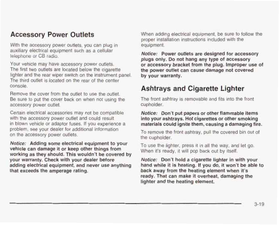 Accessory power outlets, Ashtrays and cigarette lighter | GMC 2003 Envoy User Manual | Page 144 / 458