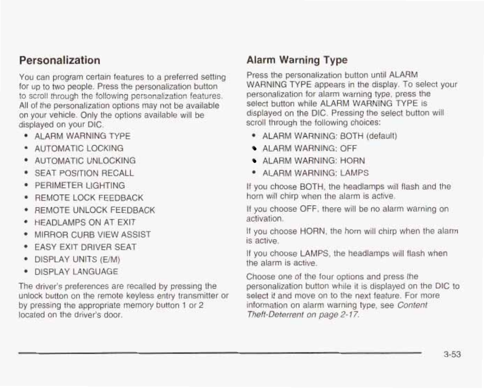 Personalization, Alarm warning type | GMC 2003 Envoy User Manual | Page 178 / 458
