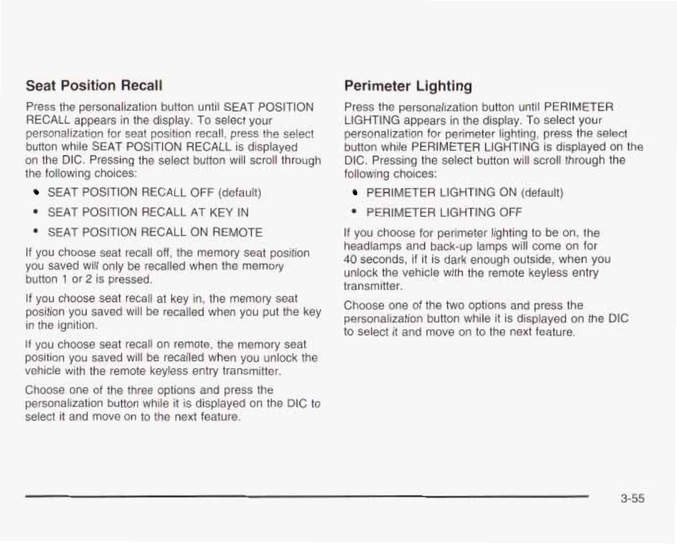 Seat position recall, Perimeter lighting | GMC 2003 Envoy User Manual | Page 180 / 458