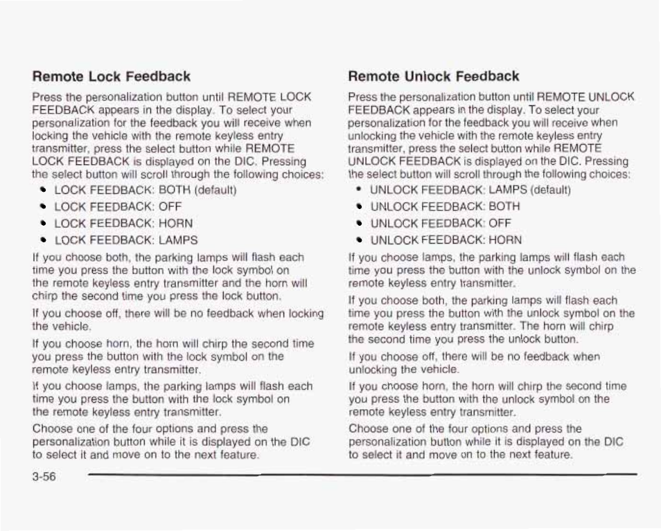 Remote lock feedback, Remote unlock feedback | GMC 2003 Envoy User Manual | Page 181 / 458