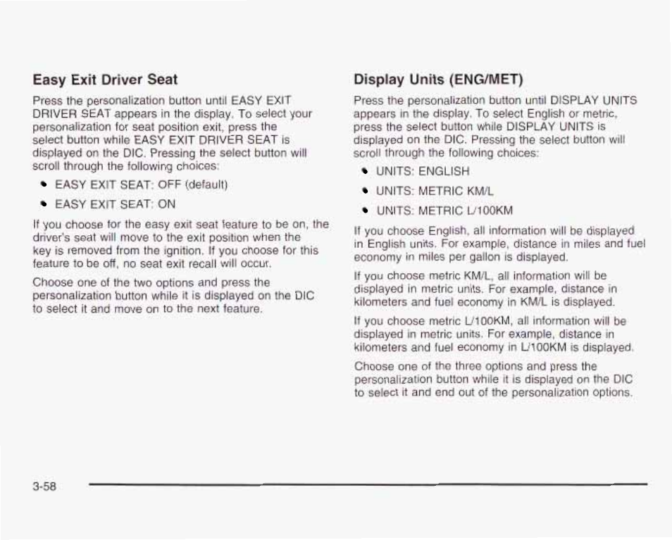 Easy exit driver seat, Display units (eng/met) | GMC 2003 Envoy User Manual | Page 183 / 458