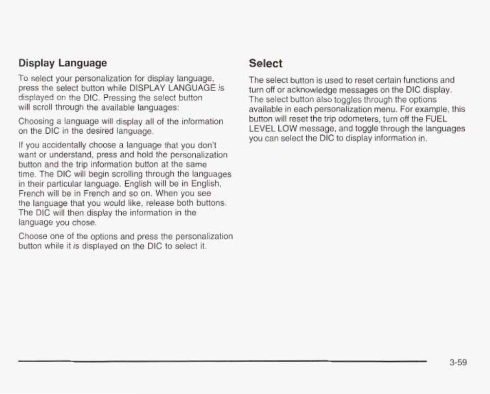 Select, Display language | GMC 2003 Envoy User Manual | Page 184 / 458