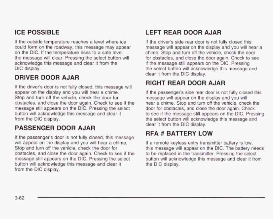 Left rear door ajar, Driver door ajar, Passenger door ajar | Right rear door ajar, Rfa # battery low, Ice possible left rear door ajar | GMC 2003 Envoy User Manual | Page 187 / 458