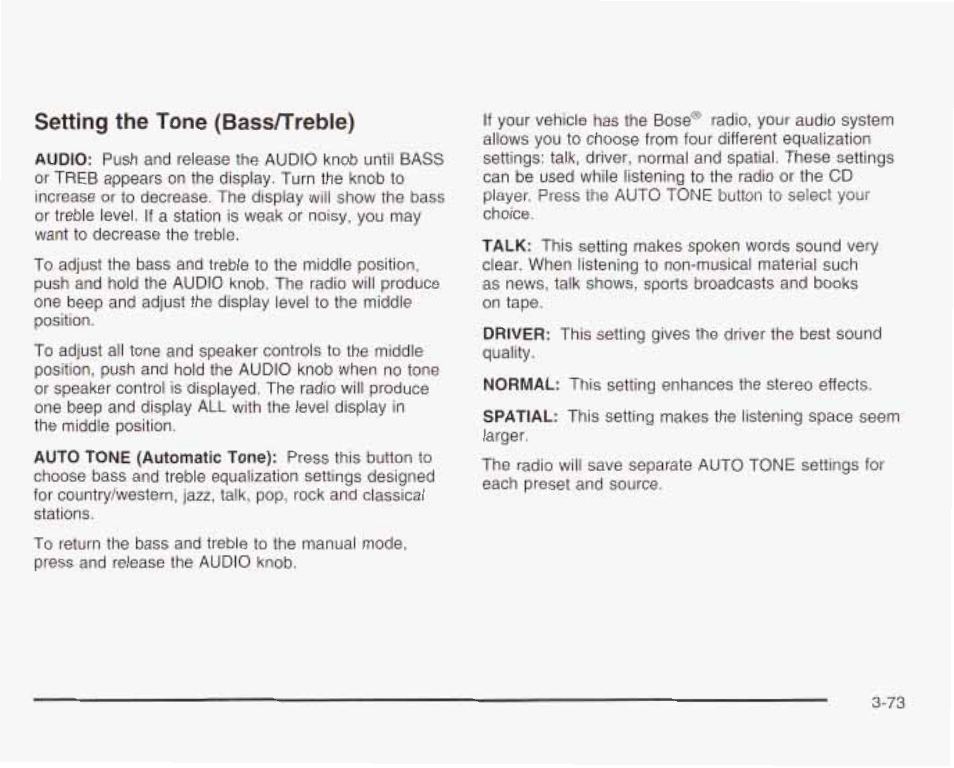 Setting the tone (bass/treble) | GMC 2003 Envoy User Manual | Page 198 / 458