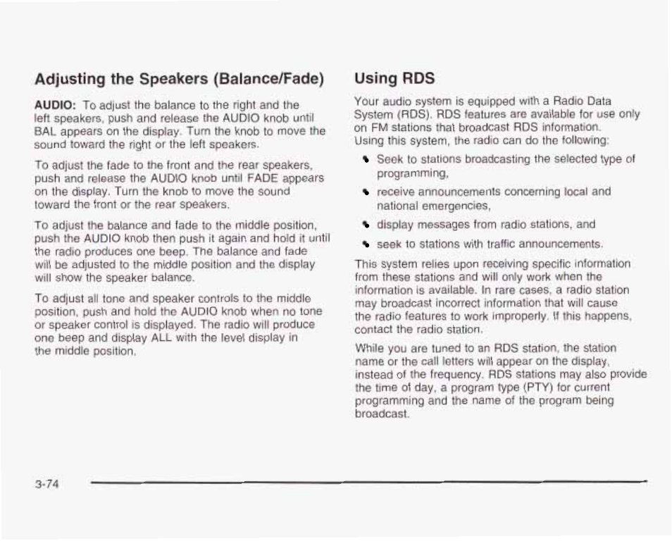 Adjusting tha speakers (balance/fade), Using rds | GMC 2003 Envoy User Manual | Page 199 / 458