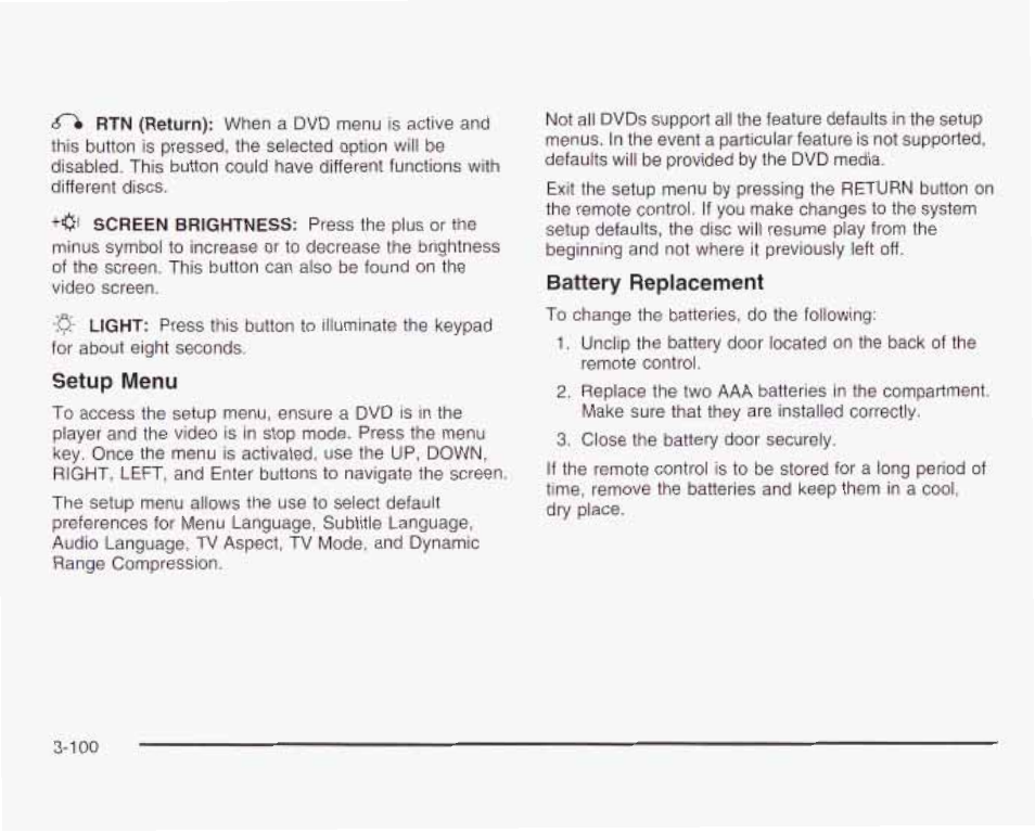 S^tup menu, Battery replacement | GMC 2003 Envoy User Manual | Page 225 / 458