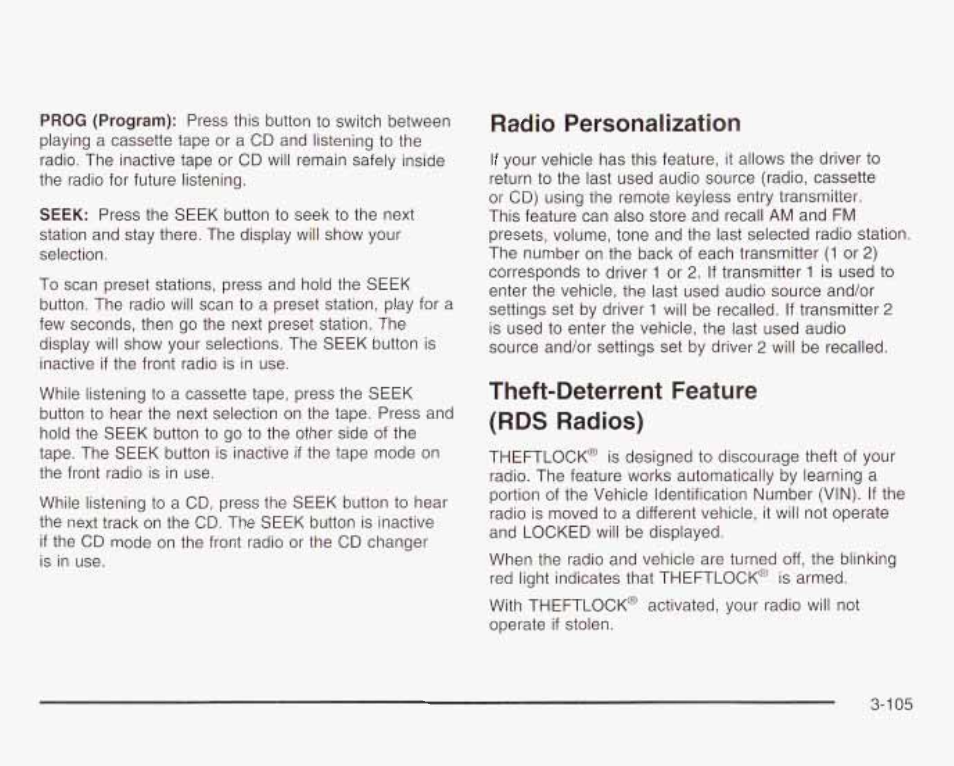Radio personalization, Theft-deterrent feature {rds radios) | GMC 2003 Envoy User Manual | Page 230 / 458