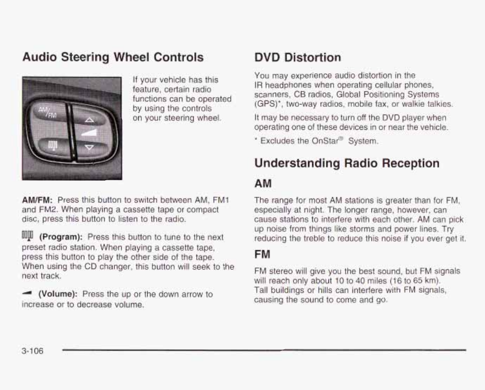 Understanding radio reception, Audio steering wheel controls dvd distonion | GMC 2003 Envoy User Manual | Page 231 / 458