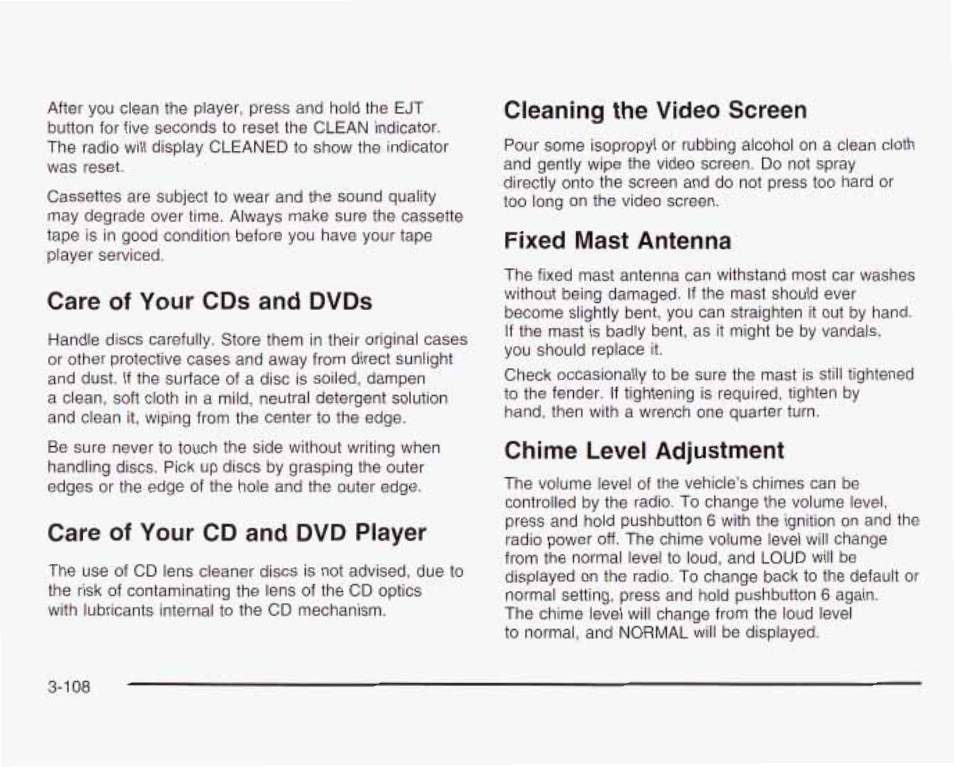 Care of your cds and dvds, Care of your cd and dvd player, Cleaning the video screen | Fixed mast antenna, Chime level adjustment | GMC 2003 Envoy User Manual | Page 233 / 458