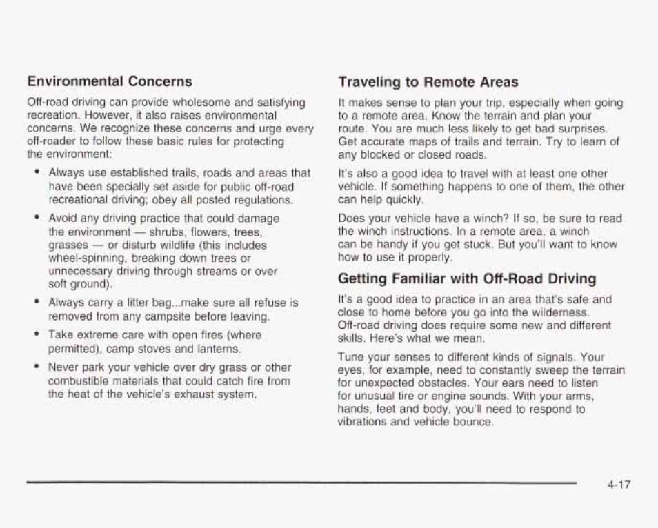 Environmental concerns, Traveling to remote areas, Getting famjtiar with off-road driving | GMC 2003 Envoy User Manual | Page 250 / 458