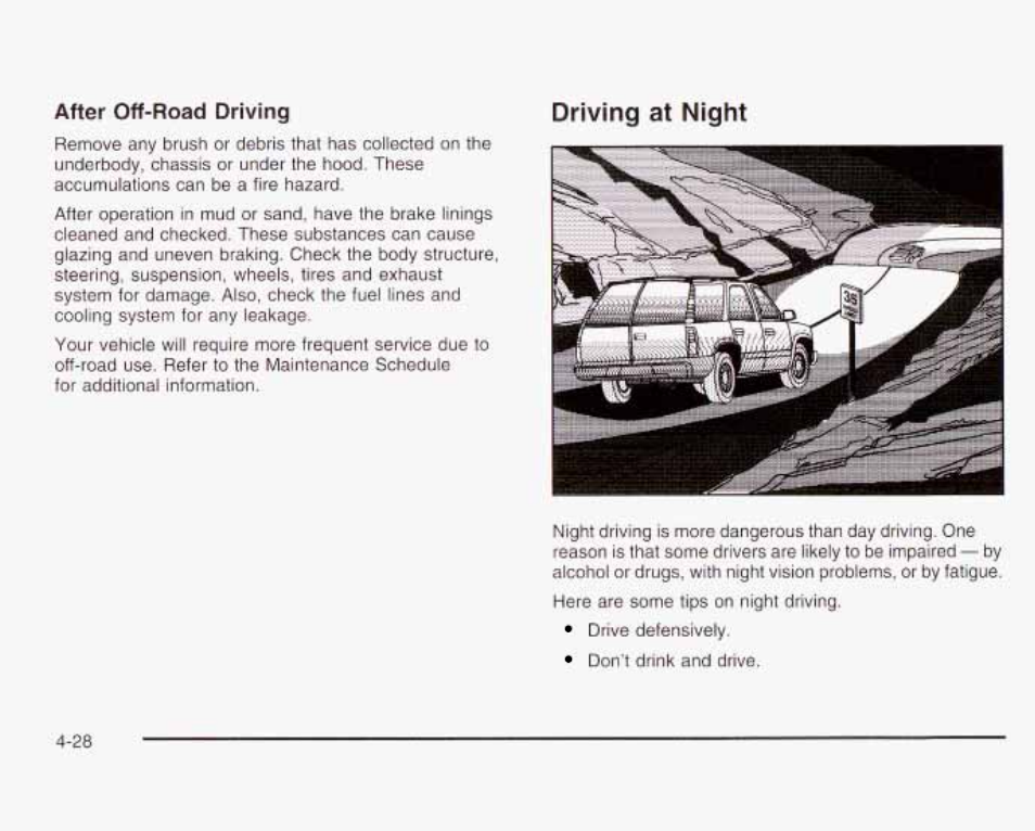 Driving at night, After off-road driving | GMC 2003 Envoy User Manual | Page 261 / 458