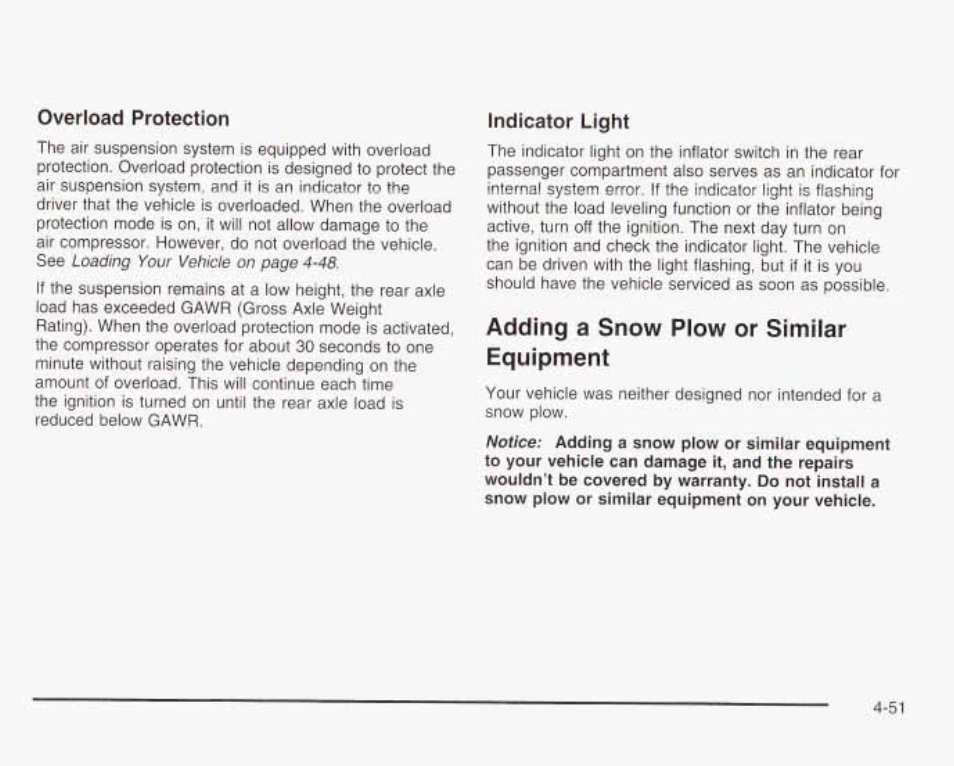 Adding a snow plow or similar equipment, Overload protection, Indicator light | GMC 2003 Envoy User Manual | Page 284 / 458
