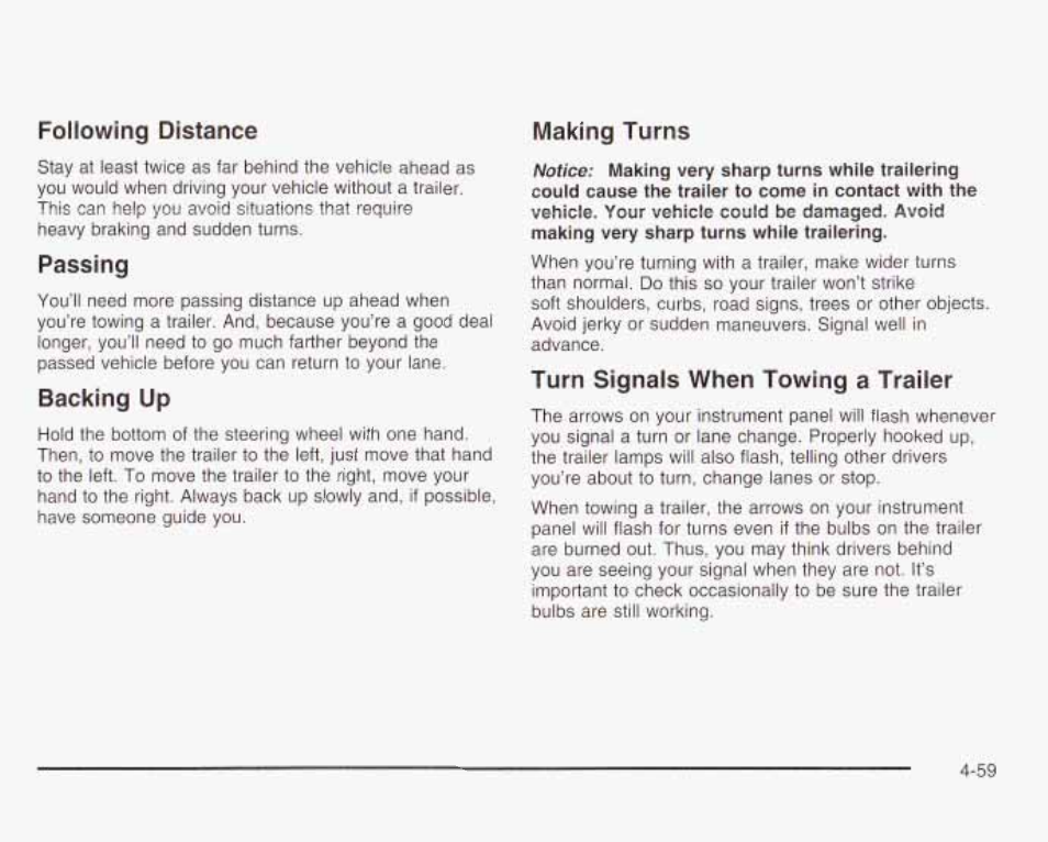 Foltowmg distance, Passing, Backing up | Making turns, Turn signals when towing a trailer | GMC 2003 Envoy User Manual | Page 292 / 458