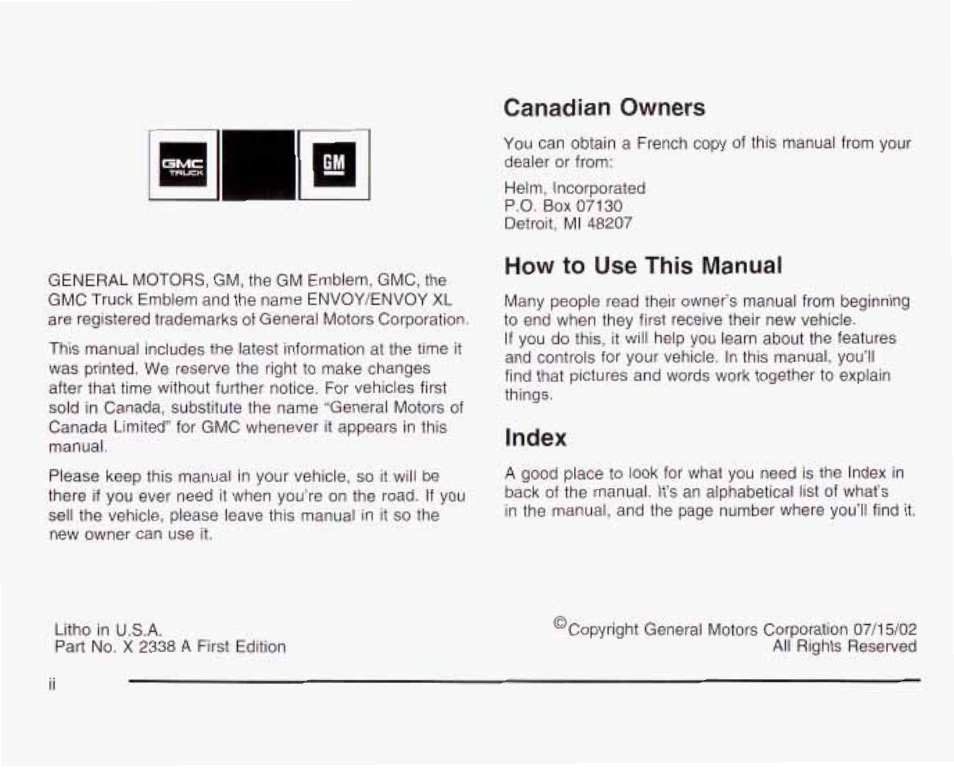 Canadian owners, How to use this manual, Index | GMC 2003 Envoy User Manual | Page 3 / 458