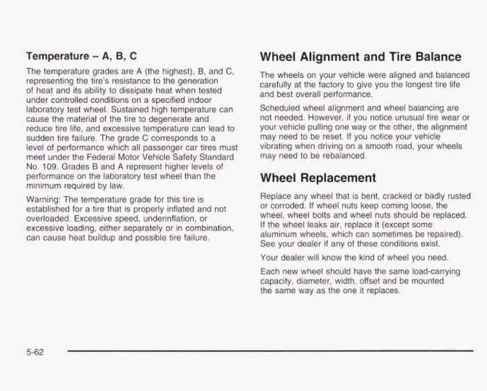 Wheel alignment and tire balance, Wheel replacement, Temperature - a, в, с | GMC 2003 Envoy User Manual | Page 357 / 458