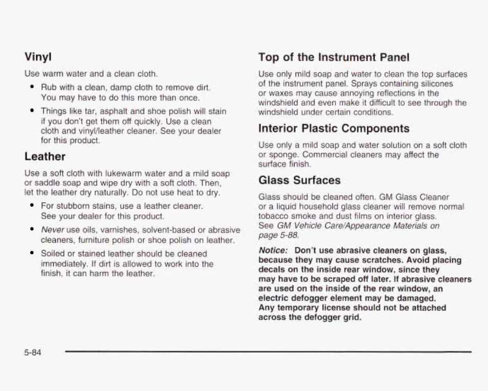 Vinyl, Leather, Interior plastic components | Giass surfaces, Top of the instfument panel | GMC 2003 Envoy User Manual | Page 379 / 458