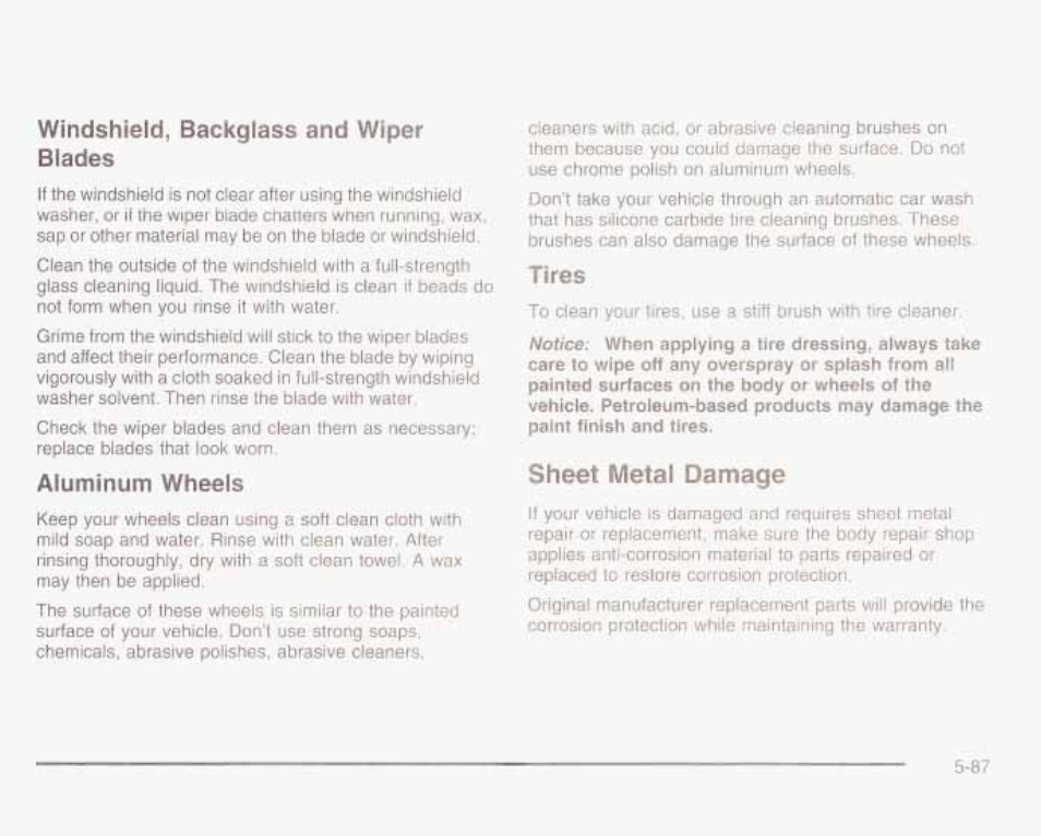 Windshield, backgless and wiper blades, Aluminum wheels, Tires | Sheet metal damage | GMC 2003 Envoy User Manual | Page 382 / 458