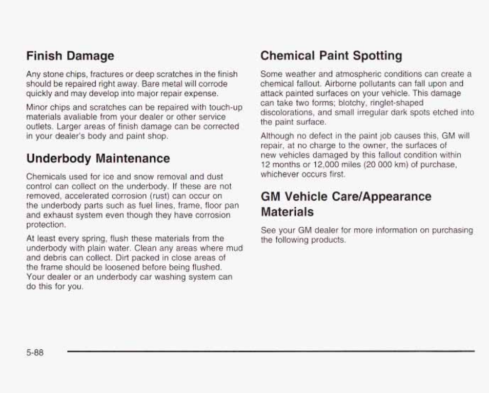 Underbody maintenance, Chemical paint spotting, Gm vehicle care/ap pea ranсe materials | Chemical paint spotting -00, Gm vehicle cara/appearance, Materials .............. ,5-ob, Finish damage | GMC 2003 Envoy User Manual | Page 383 / 458