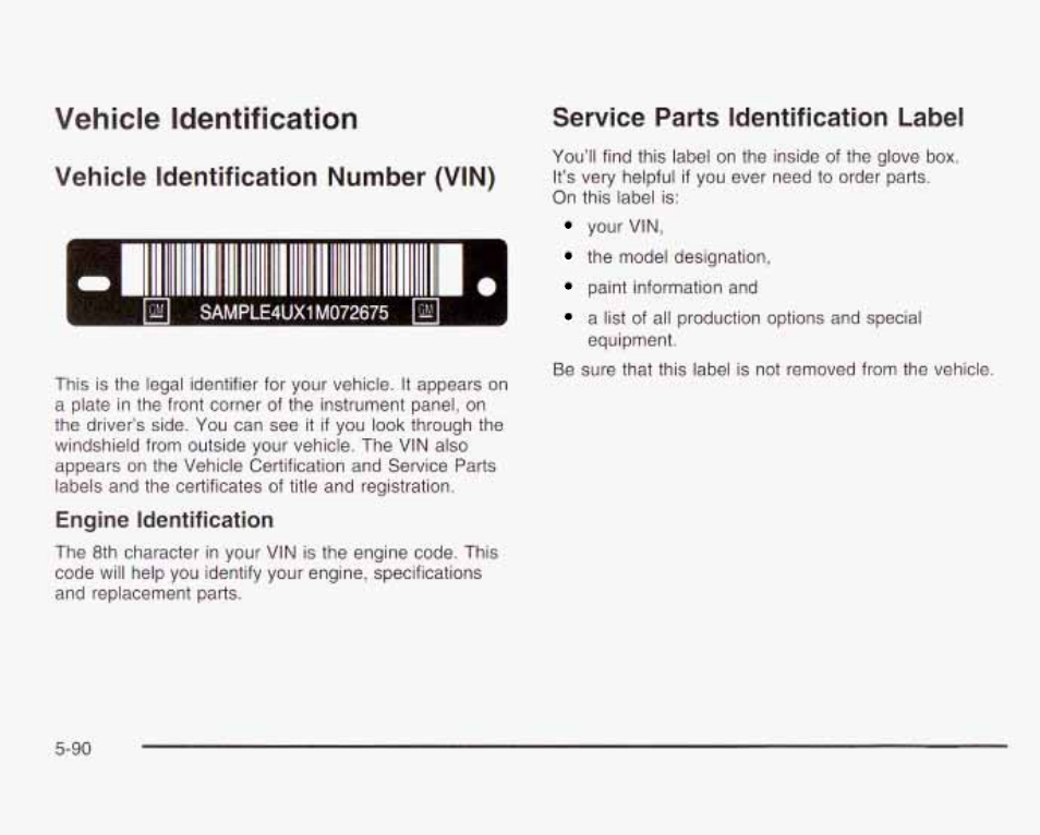 Service paris identification label, Vehicle identification number (vin), Vehicle identification | GMC 2003 Envoy User Manual | Page 385 / 458