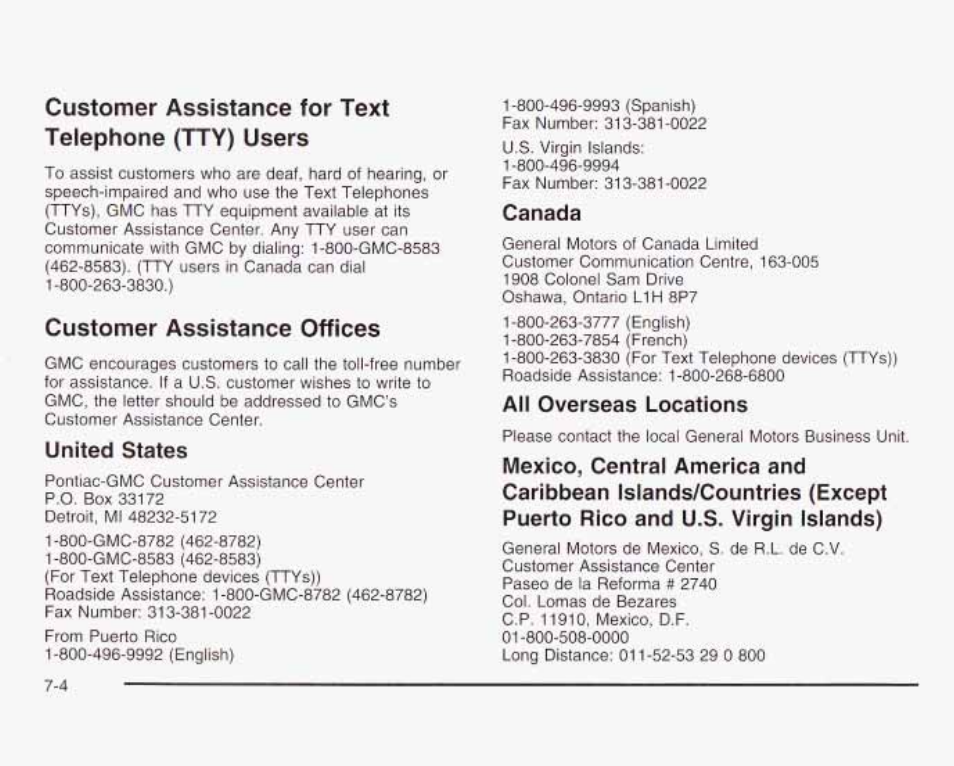 Customer assistance for text telephone (tty) users, Customer assistance offices, United states | Canada, All overseas locations | GMC 2003 Envoy User Manual | Page 427 / 458