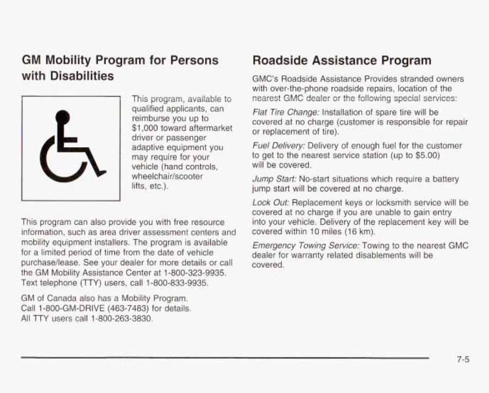 Gm mobility program for persons with disabilities, Roadside assistance program | GMC 2003 Envoy User Manual | Page 428 / 458