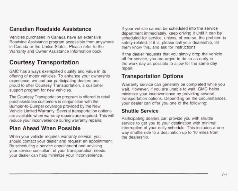 Courtesy transportation, Plan ahead when possible, Transportation options | GMC 2003 Envoy User Manual | Page 430 / 458