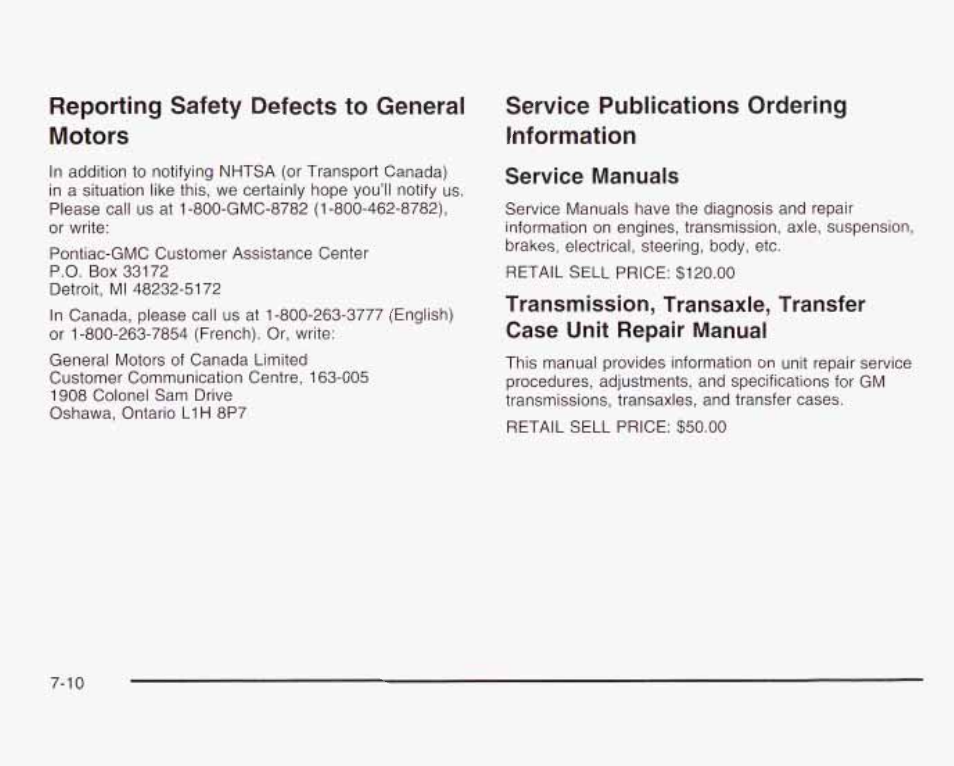 Reporting safety defects to general motors, Service publications ordering information | GMC 2003 Envoy User Manual | Page 433 / 458