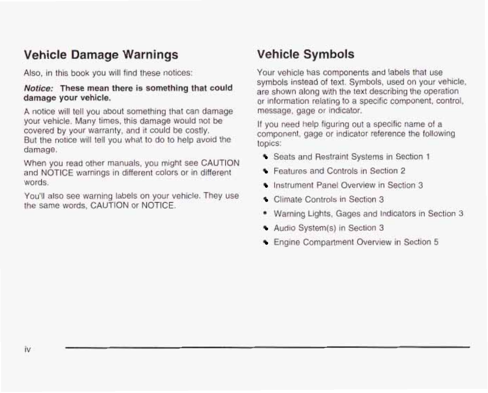 Vehicle damage warnings, Vehicle symbols | GMC 2003 Envoy User Manual | Page 5 / 458
