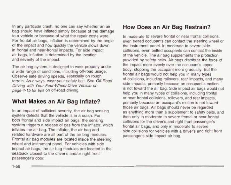 What makes an air bag inflate, How does an air bag restrain, What makes an air bag inflale? ’5b | How does an air beg restrair>7 -56 | GMC 2003 Envoy User Manual | Page 63 / 458