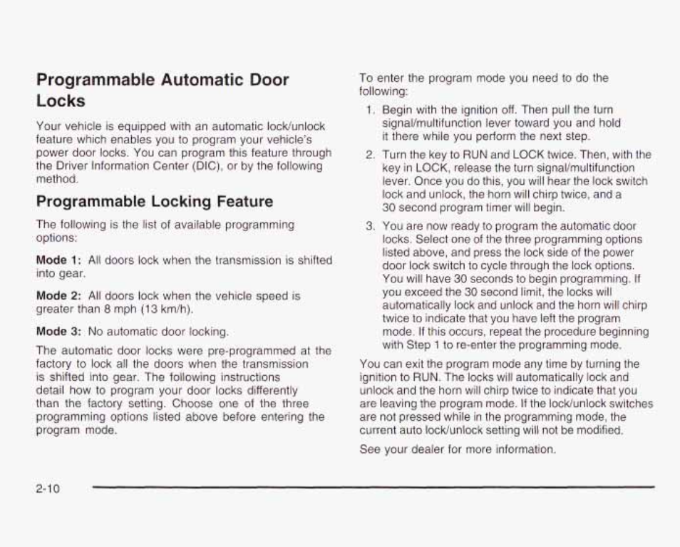 Programmable automatic door locks, Programmable locking feature | GMC 2003 Envoy User Manual | Page 79 / 458