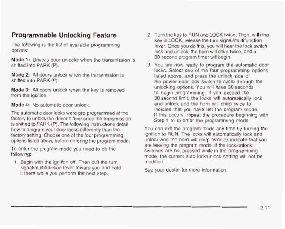 Programmable unlocking feature | GMC 2003 Envoy User Manual | Page 80 / 458