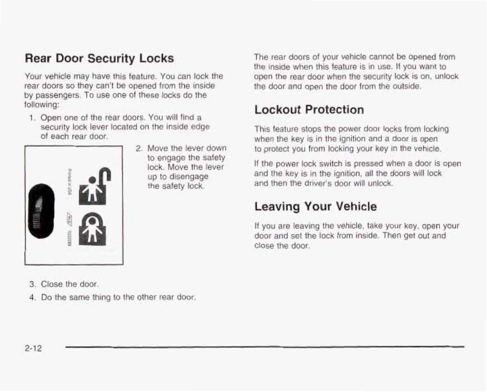 Lockout protection, Leaving your vehicle, Rear door security locks | GMC 2003 Envoy User Manual | Page 81 / 458