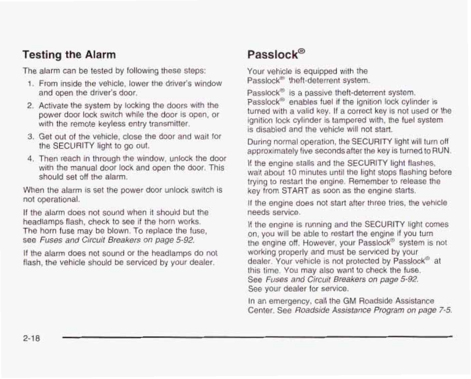 Testing the alarm, Passlock | GMC 2003 Envoy User Manual | Page 87 / 458